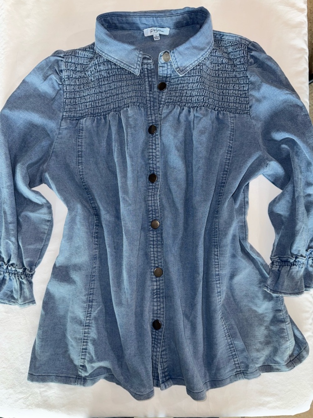 Polagram Blue Denim Button-Front Smocked Yoke Top 3/4 Sleeve L
